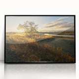 Large abstract wall art featuring a Connecticut scenery in muted green and blue tones, framed in black acrylic.