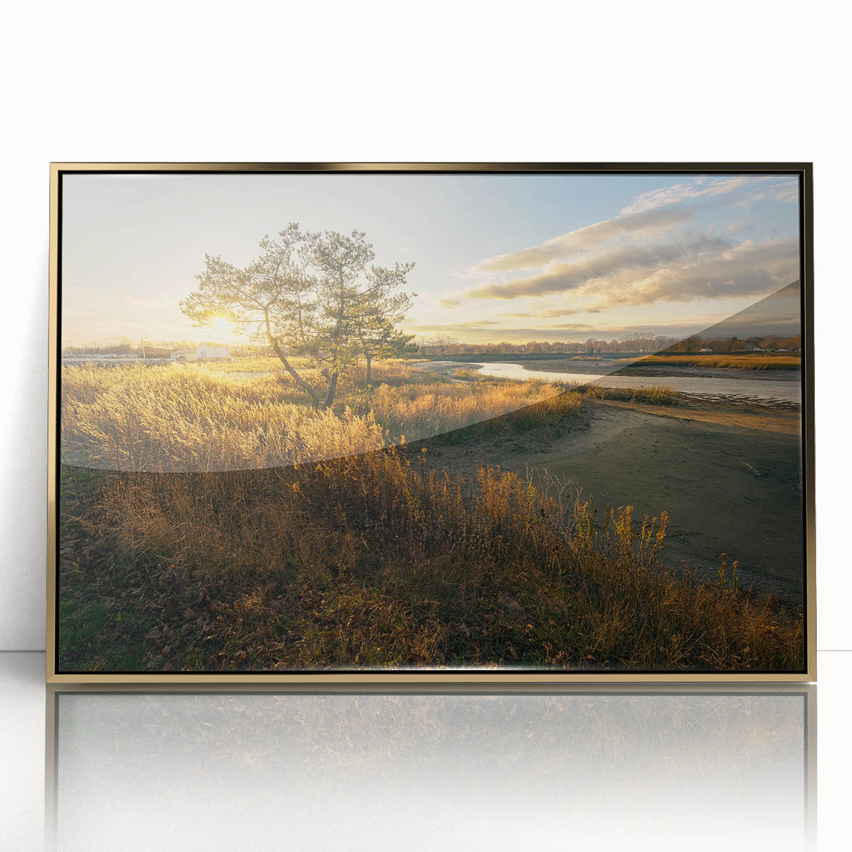 Large art print of a Connecticut landscape in muted greens and blues, acrylic framed, ideal for modern nursery decor.