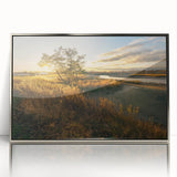 Mid-century modernist art depicting Connecticut scenery in muted colors on a framed acrylic print.