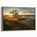Framed canvas depicting a vintage-style Connecticut landscape in black and gold tones, ideal for bedroom wall decor.