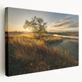 Scenic Connecticut landscape on stretched canvas, featuring muted green and blue tones, ideal for kitchen wall art.