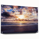 Large abstract wall art depicting Daytona scenery on acrylic glass, in muted blue and green tones.