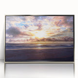 Mid-century modernist art depicting Daytona scenery on silver-framed acrylic, with soft blue and gray tones.