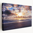 Daytona beach landscape on stretched canvas, featuring pastel blue and sandy hues, ideal for kitchen wall art.