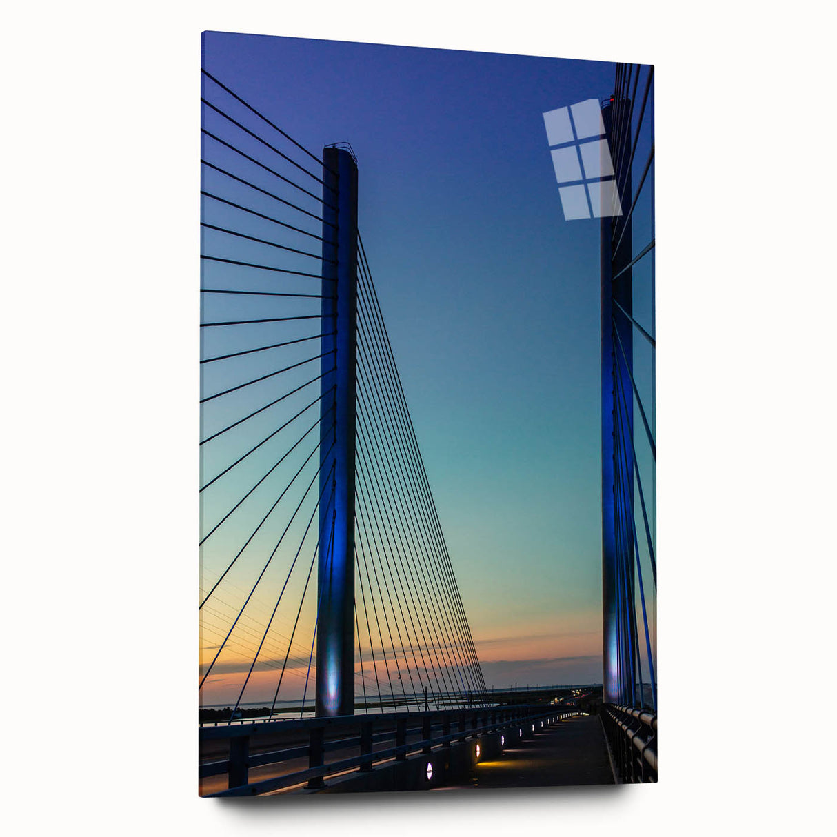 Large abstract wall art of Delaware scenery in muted blue and green tones on acrylic glass.