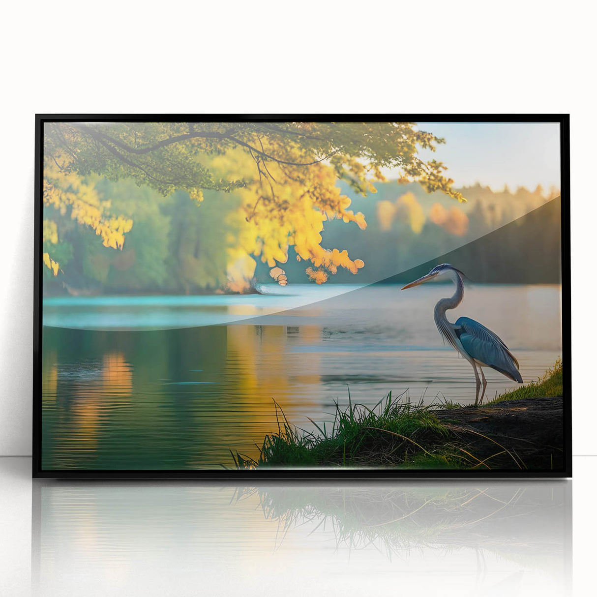 Large abstract wall art depicting the Everglades in muted green and blue tones, framed in black acrylic.