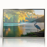 Mid-century modernist art depicting the Everglades in muted green and blue tones, framed in silver acrylic.