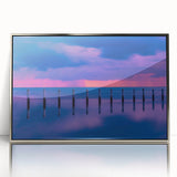 Mid-century modernist art depicting the Florida Keys in muted blue and green tones, framed acrylic.