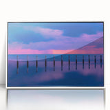 Framed acrylic print of Florida Keys scenery in art deco style, with pastel blue and white tones.