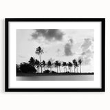 Extra large abstract art print of colorful, textured Miami skyline on a black framed canvas, ideal for living room decor.