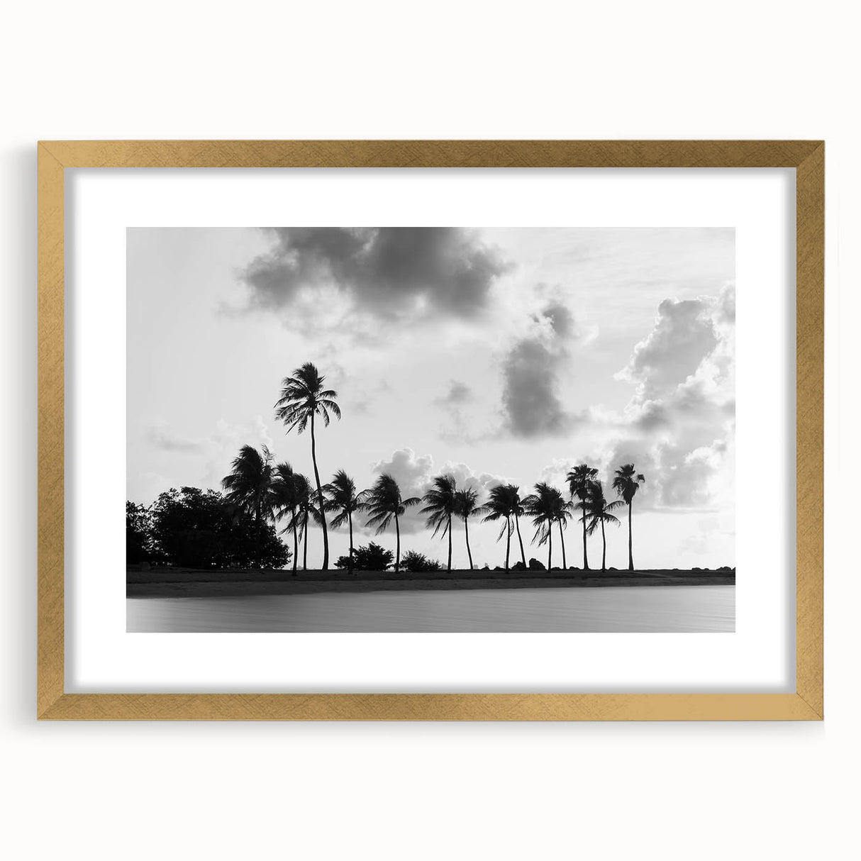 Abstract art print of Miami skyline in textured gold frame, featuring muted blue and orange tones.
