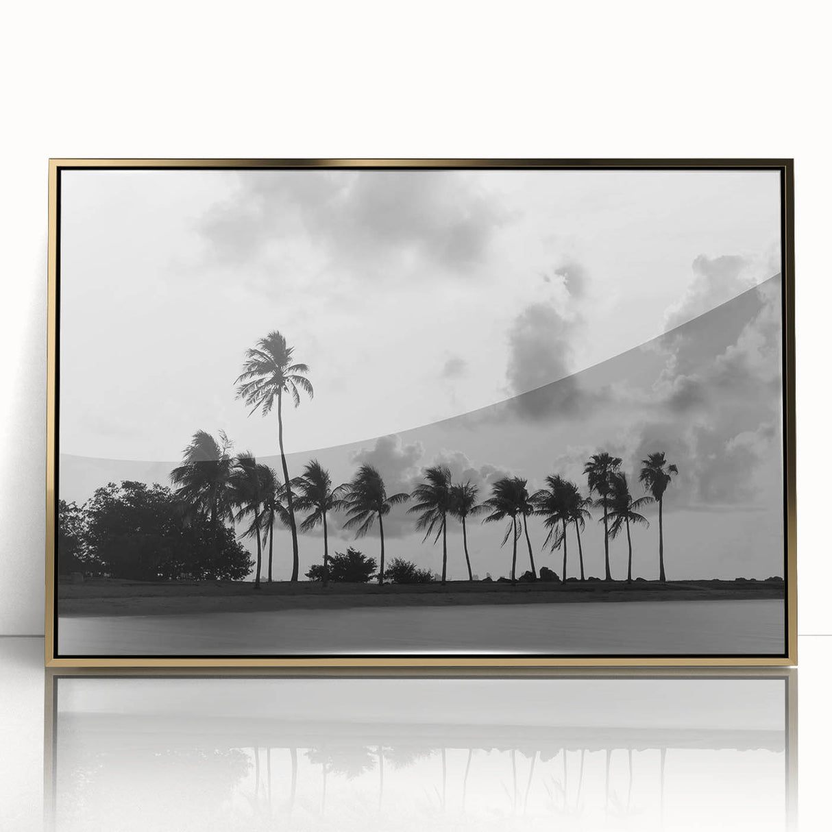 Acrylic print of Miami skyline in gold and teal hues, framed in gold, suited for modern art wall decor.