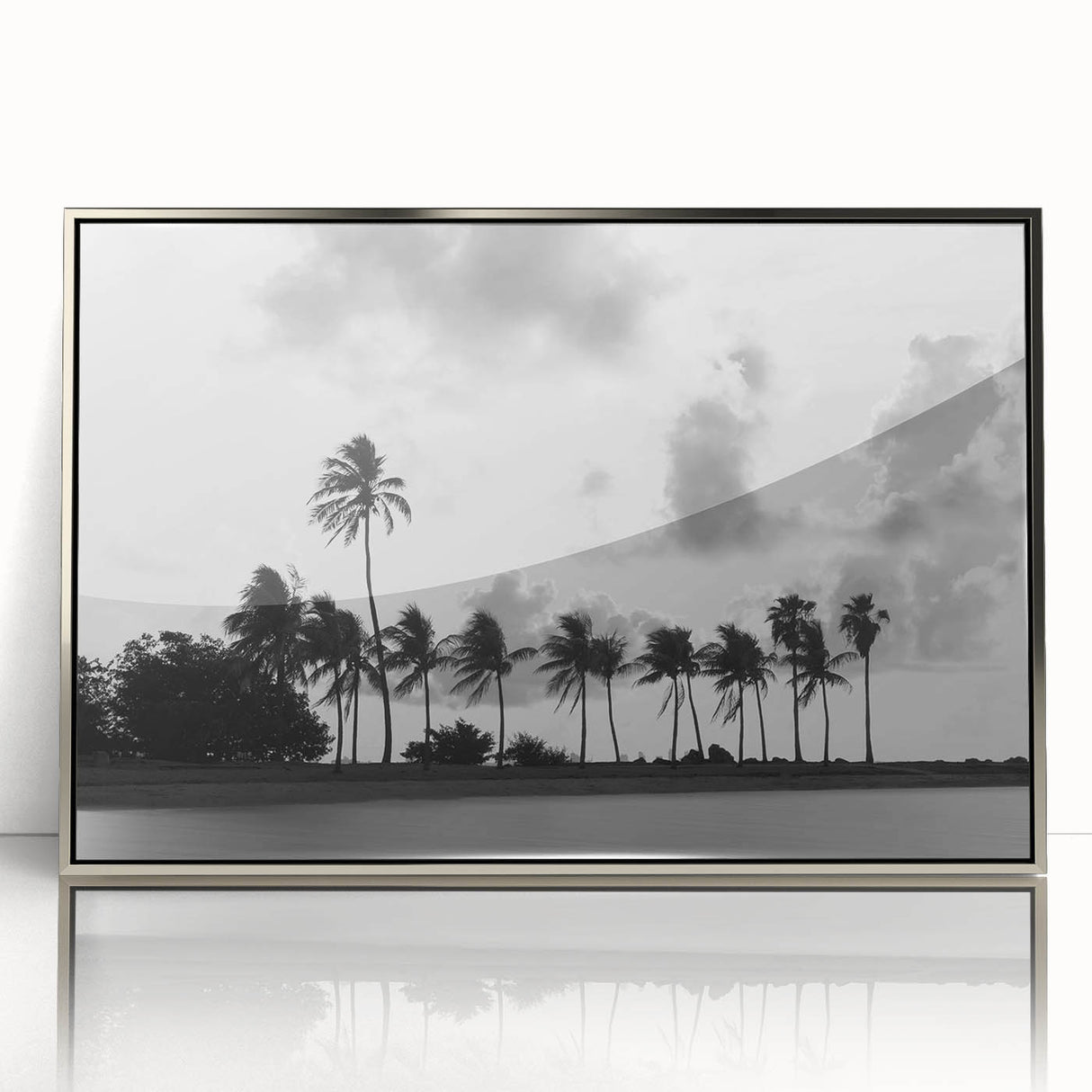 Mid-century modernist art of Miami skyline in muted blue and silver hues on a framed acrylic print.