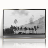 Mid-century modernist art of Miami skyline in muted blue and silver hues on a framed acrylic print.