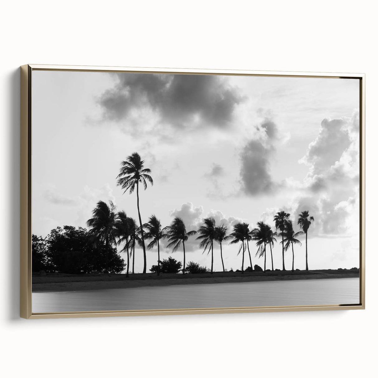 Framed canvas of a vintage-style Miami landscape painting in black and gold, ideal for bedroom wall art.