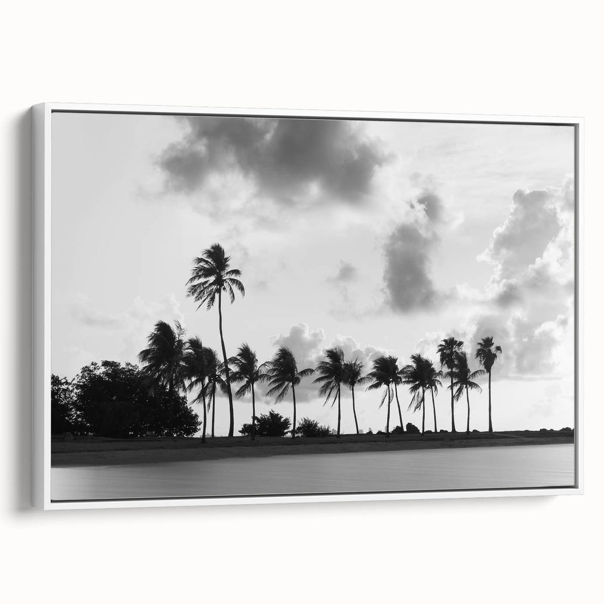 Vintage poster art of Miami scenery in vibrant colors on a large framed canvas, suitable for living room decor.