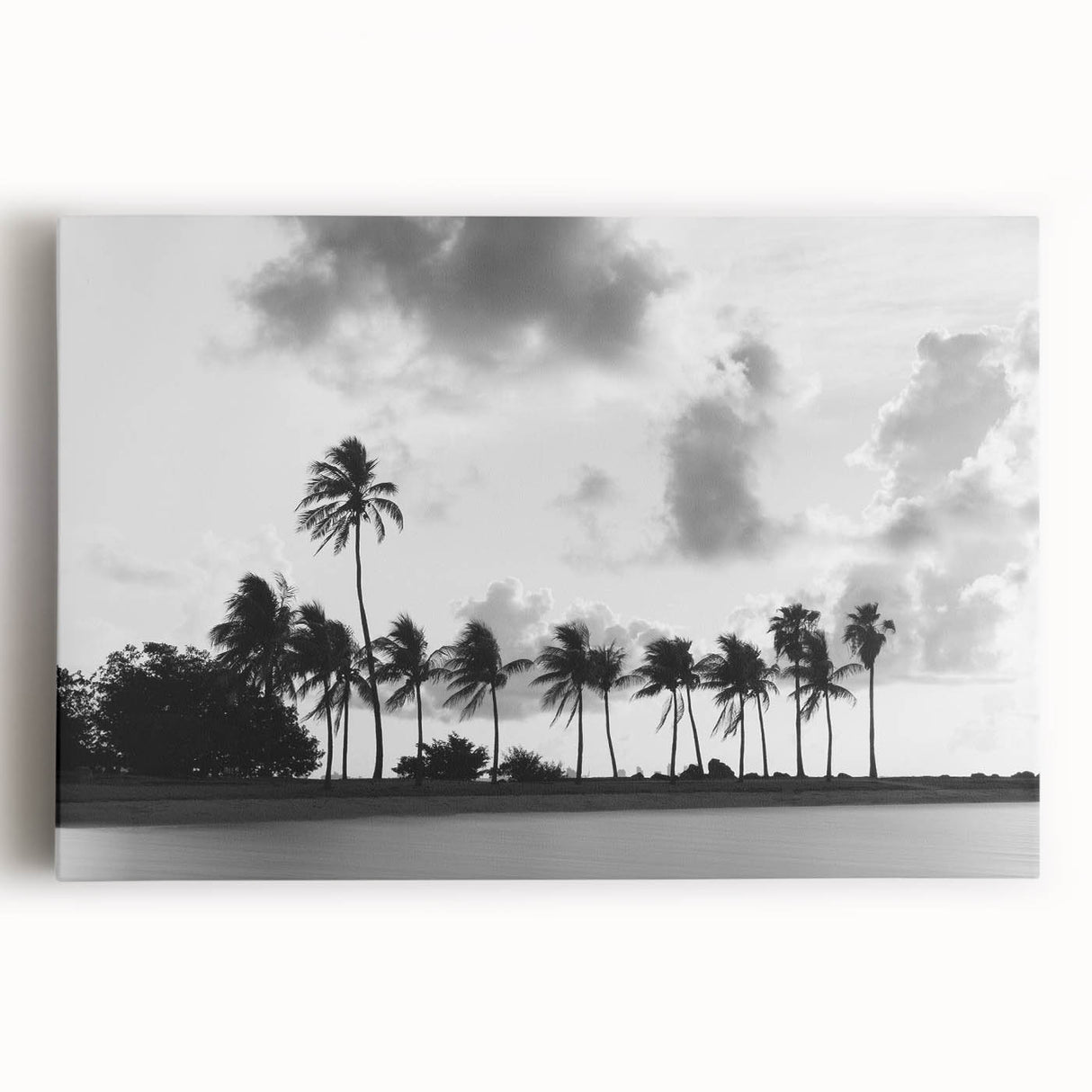 Black and white photo of Miami skyline on large stretched canvas, ideal for kitchen wall art.