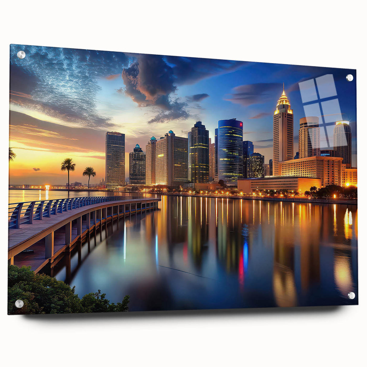 Acrylic print of a large abstract depiction of Tampa, featuring vibrant blue and green tones, ideal for dining room decor.