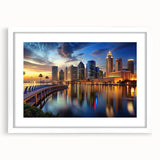 Abstract art print of Tampa skyline in muted blue and gray tones on a framed white mat, suitable for dining room decor.