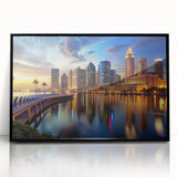 Large abstract wall art depicting Tampa scenery in muted blue and gray, framed in black acrylic.