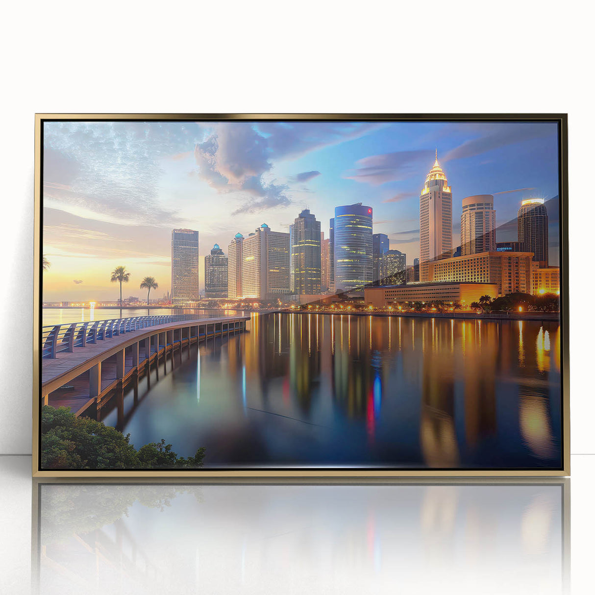 Framed acrylic print of Tampa skyline in gold and blue hues, ideal for modern art wall decor in a nursery.
