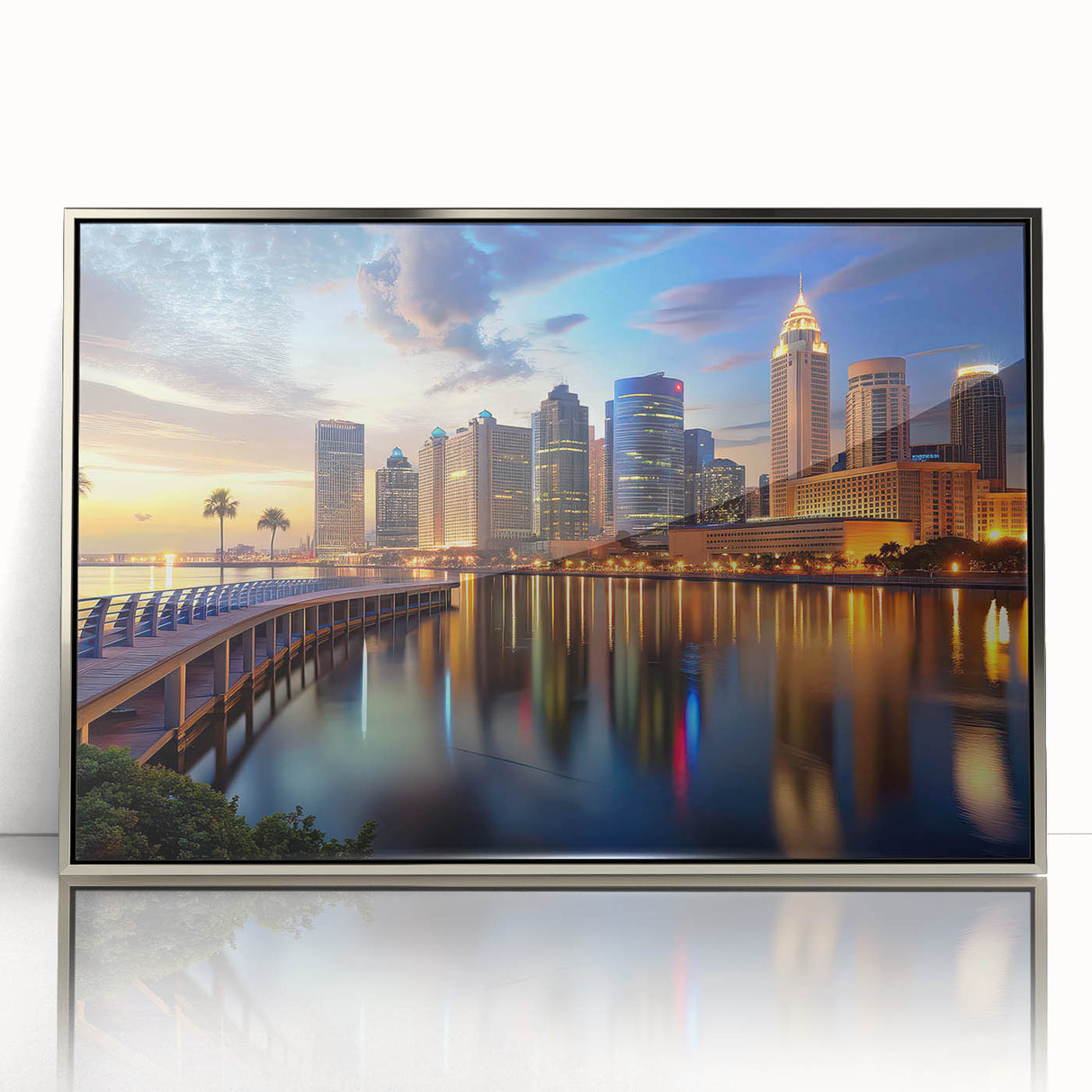 Mid-century modernist art of Tampa skyline in silver acrylic frame, ideal for modern art wall decor.