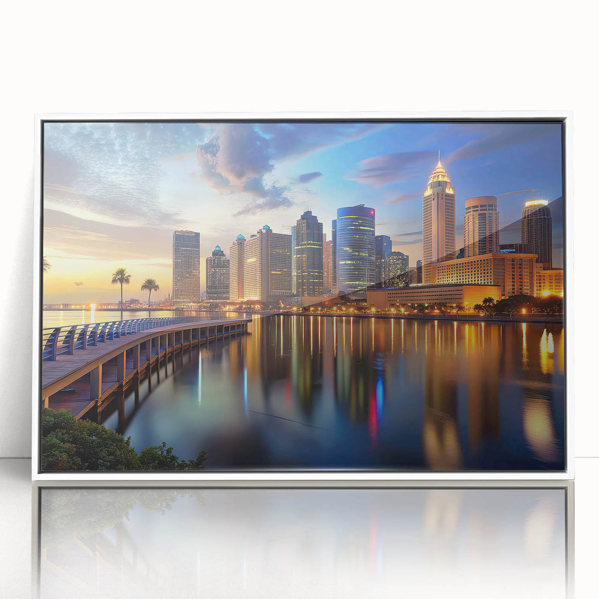 Art deco poster of Tampa skyline in muted gray and blue tones, acrylic print, ideal for modern nursery wall art.