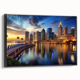 Framed canvas featuring a black and white vintage poster art of Tampa landscape, ideal for bedroom wall decor.