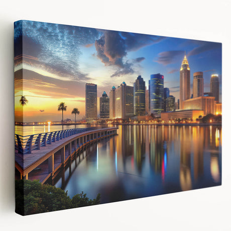 Panoramic view of Tampa skyline in muted blues on stretched canvas, suitable for kitchen wall art.