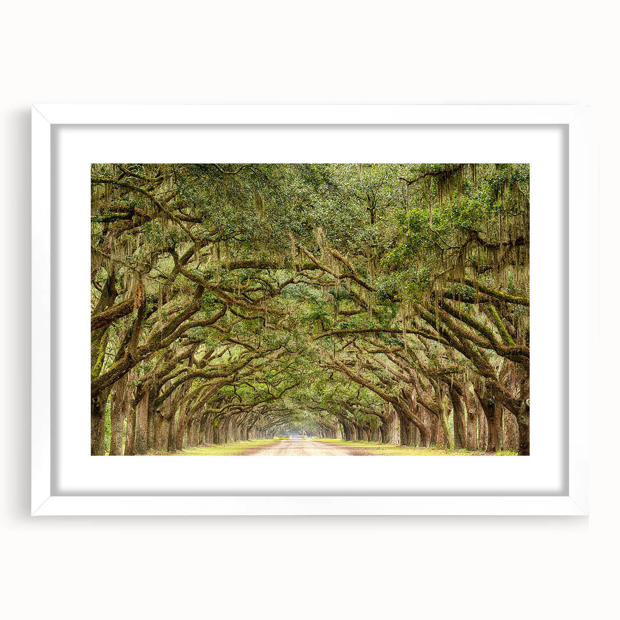 Abstract art print of Savannah scenery in muted earth tones on a framed white mat, suitable for dining room decor.