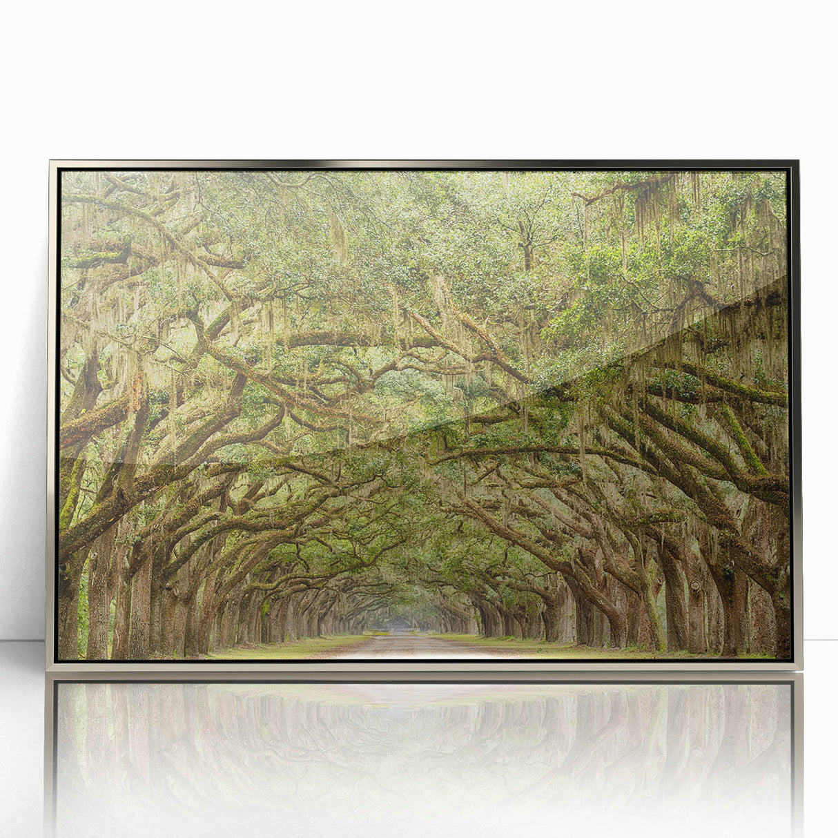 Mid-century modernist art of Savannah, Georgia, depicted in muted earth tones on a silver-framed acrylic print.