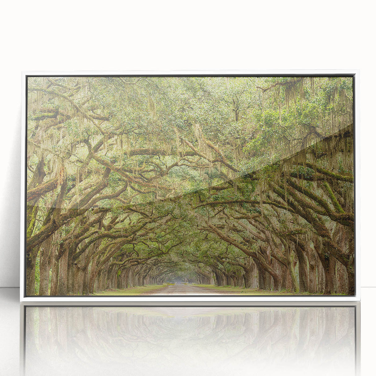 Framed acrylic print of Savannah, Georgia, in art deco style with muted blue and white tones.