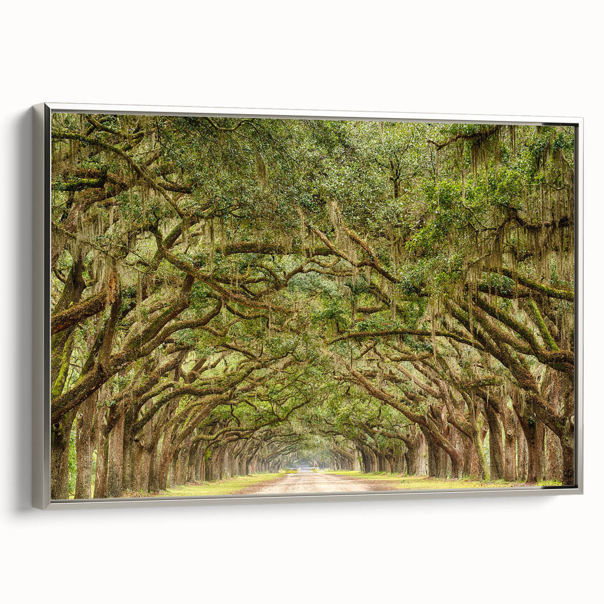 Framed canvas of Savannah landscape with vintage poster art style, featuring colorful palette on black background.