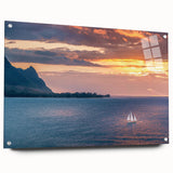 Acrylic print of a large abstract depiction of Kauai, Hawaii, with vibrant green and blue tones.