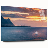 Large abstract wall art depicting a vibrant Kauai landscape on acrylic glass, ideal for bedroom or dining room decor.