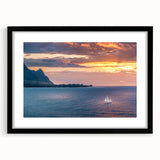 Extra large, textured abstract art print of colorful, vibrant Kauai scenery on a framed black mat.