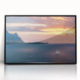 Large abstract wall art depicting the lush landscapes of Kauai in muted green and blue tones, framed in black acrylic.