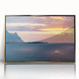 Large art print of a Kauai landscape in gold acrylic frame, featuring lush greenery and waterfalls.