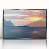 Mid-century modernist art depicting Kauai's landscape in muted colors on a silver-framed acrylic print.