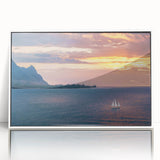 Modern art wall decor featuring a serene Kauai landscape, in soft pastel shades on a white framed acrylic.