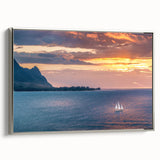 Framed canvas landscape art painting of Kauai, Hawaii with vibrant green and blue tones, ideal for living room decor.