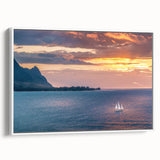 Vintage poster art of Kauai, Hawaii, with colorful scenery on a large framed canvas, ideal for living room decor.