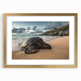 Extra large textured abstract art print of Maui scenery in muted gold frame, ideal for living room decor.