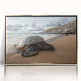 Large art print of a Maui coastline in muted gold and blue tones on a framed acrylic, ideal for modern art wall decor.