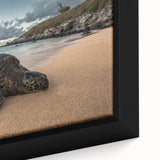 Extra large framed canvas of a textured Maui, Hawaii scenery in vibrant colors on a black background.