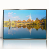 Mid-century modernist art depicting Idaho scenery in muted earth tones on a silver-framed acrylic print.