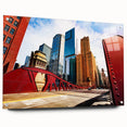 Acrylic print of a large abstract depiction of the Chicago skyline in cool blue and gray tones.