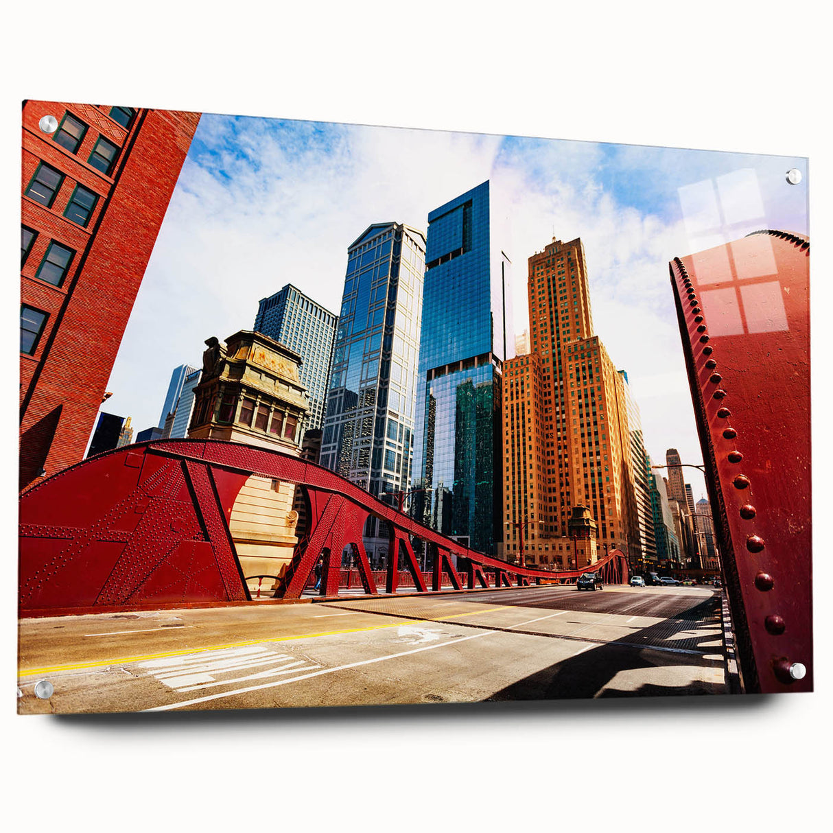Acrylic print of a large abstract depiction of the Chicago skyline in cool blue and gray tones.