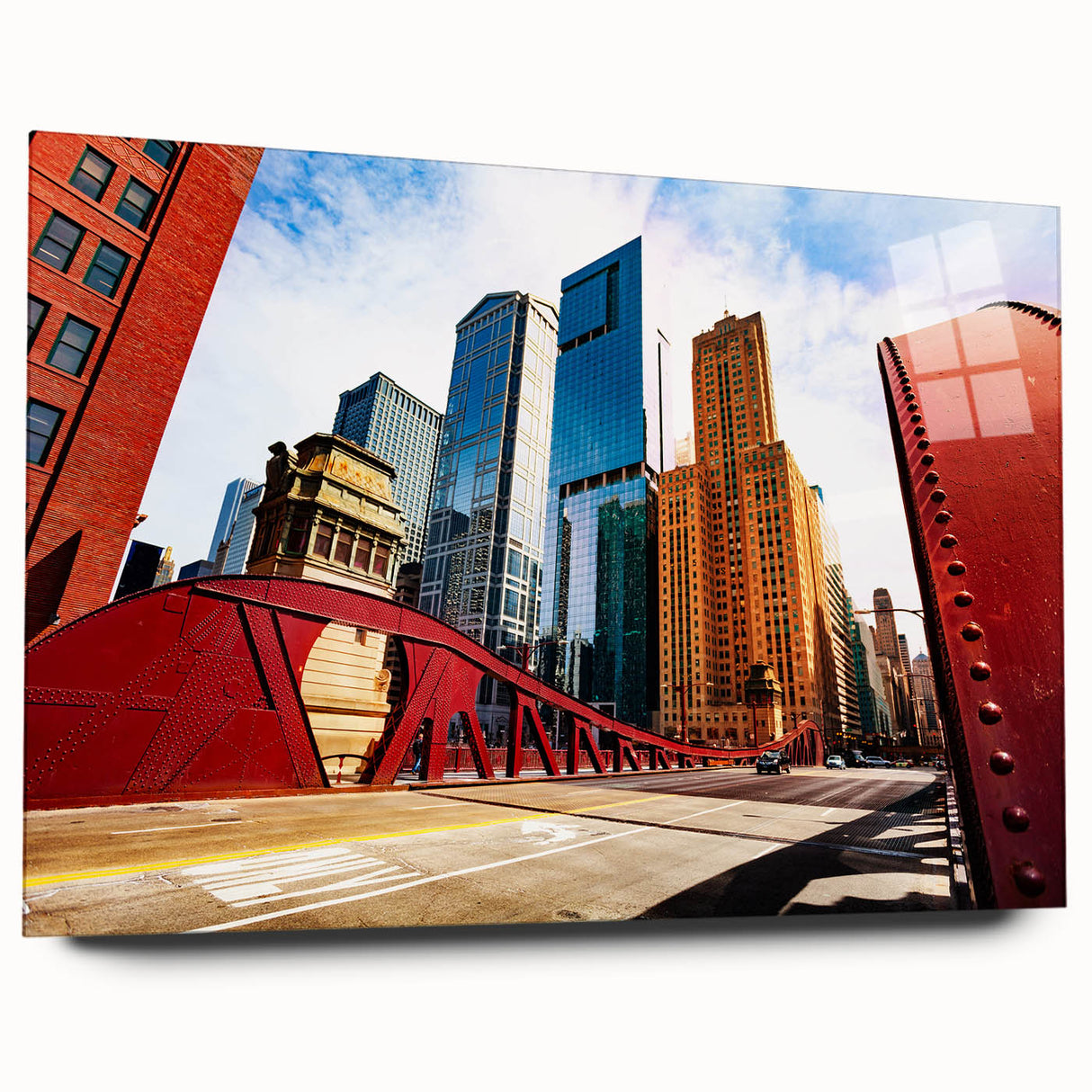 Large abstract wall art of Chicago skyline in muted gray and blue tones on acrylic glass.