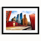 Extra large abstract art print of Chicago skyline in colorful, textured hues on framed black mat.